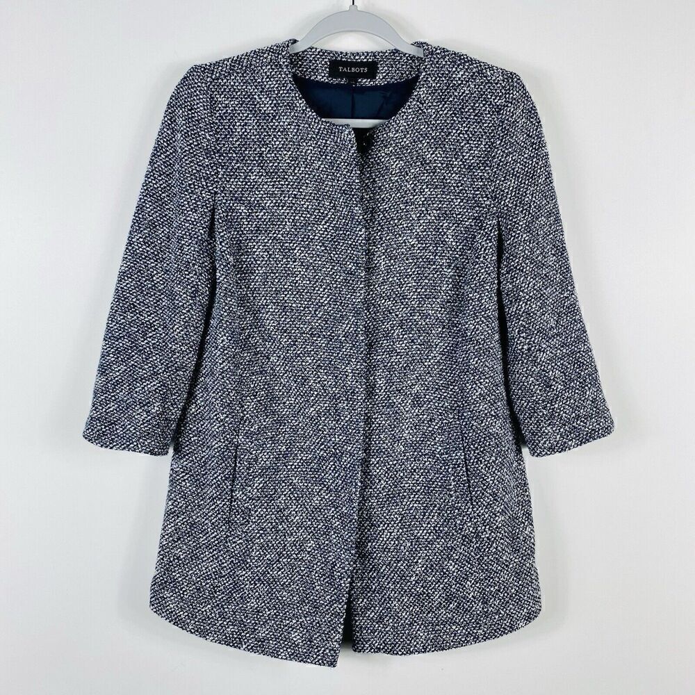 Talbots Size XS Boucle Tweed Snap Button Jacket Navy Blue Career Casual